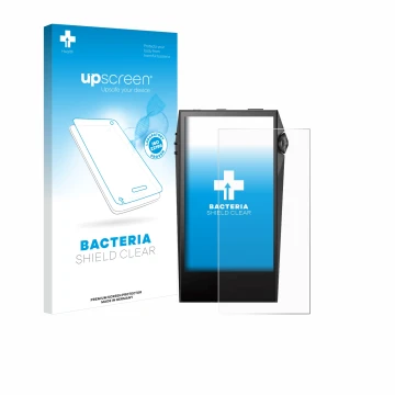 Parte frontal de un envase de producto con el logotipo de la marca upscreen. Al lado se muestra el dispositivo Astell&Kern SP3