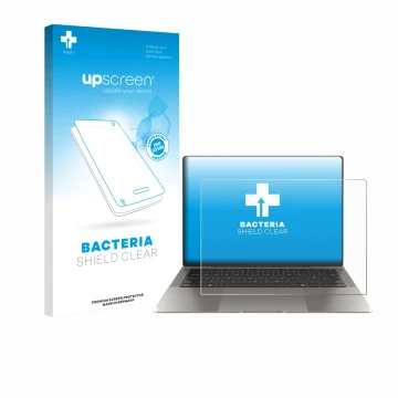 Parte frontal de un envase de producto con el logotipo de la marca upscreen. Al lado se muestra el dispositivo Honor MagicBook