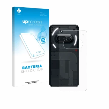 Parte frontal de un envase de producto con el logotipo de la marca upscreen. Al lado se muestra el dispositivo Nothing Phone (