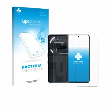 Parte frontal de un envase de producto con el logotipo de la marca upscreen. Al lado se muestra el dispositivo Nothing Phone (