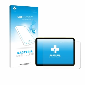Parte frontal de un envase de producto con el logotipo de la marca upscreen. Al lado se muestra el dispositivo Apple iPad Air 