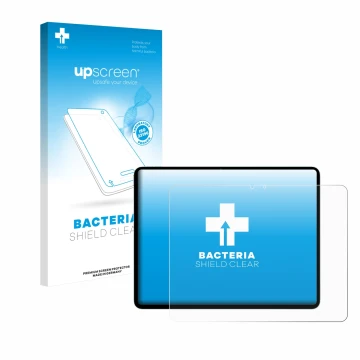 Parte frontal de un envase de producto con el logotipo de la marca upscreen. Al lado se muestra el dispositivo Apple iPad Air 