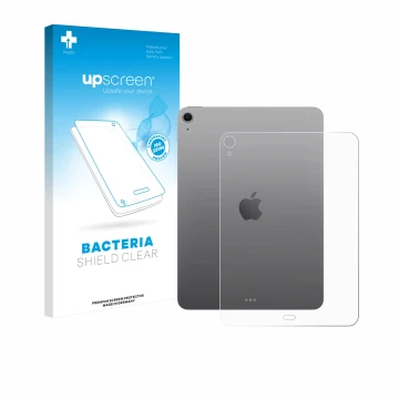Parte frontal de un envase de producto con el logotipo de la marca upscreen. Al lado se muestra el dispositivo Apple iPad Air 