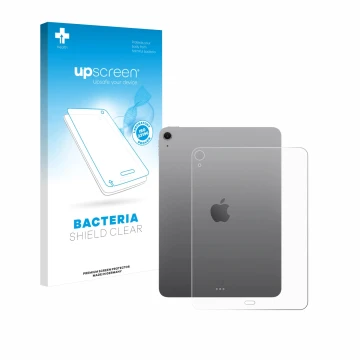 Parte frontal de un envase de producto con el logotipo de la marca upscreen. Al lado se muestra el dispositivo Apple iPad Air 