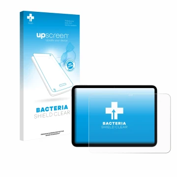 Parte frontal de un envase de producto con el logotipo de la marca upscreen. Al lado se muestra el dispositivo Apple iPad A16 