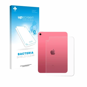 Parte frontal de un envase de producto con el logotipo de la marca upscreen. Al lado se muestra el dispositivo Apple iPad A16 