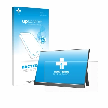 Parte frontal de un envase de producto con el logotipo de la marca upscreen. Al lado se muestra el dispositivo Arzopa Z1RC 16