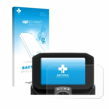 Parte frontal de un envase de producto con el logotipo de la marca upscreen. Al lado se muestra el dispositivo Honda Hornet CB