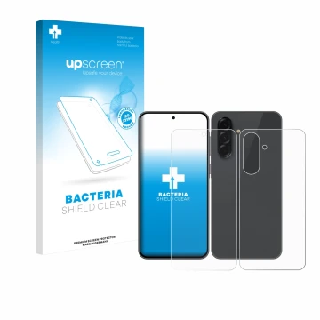 Parte frontal de un envase de producto con el logotipo de la marca upscreen. Al lado se muestra el dispositivo Samsung Galaxy 