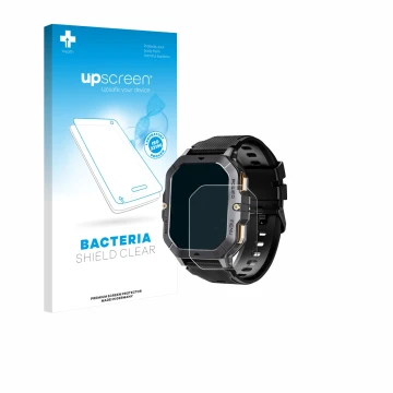 Parte frontal de un envase de producto con el logotipo de la marca upscreen. Al lado se muestra el dispositivo Oukitel BT101 2
