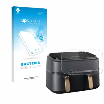 Parte frontal de un envase de producto con el logotipo de la marca upscreen. Al lado se muestra el dispositivo Philips Airfrye