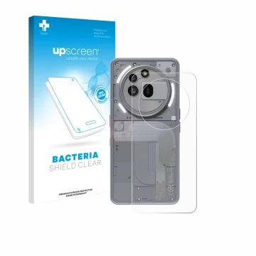 Parte frontal de un envase de producto con el logotipo de la marca upscreen. Al lado se muestra el dispositivo Nothing Phone (