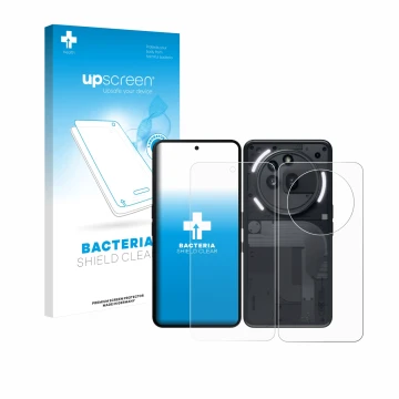 Parte frontal de un envase de producto con el logotipo de la marca upscreen. Al lado se muestra el dispositivo Nothing Phone (