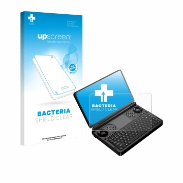 Parte frontal de un envase de producto con el logotipo de la marca upscreen. Al lado se muestra el dispositivo GPD Win Mini (2