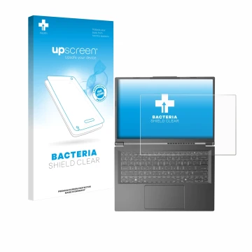 Parte frontal de un envase de producto con el logotipo de la marca upscreen. Al lado se muestra el dispositivo Acer Aspire 14 