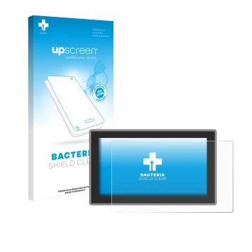Parte frontal de un envase de producto con el logotipo de la marca upscreen. Al lado se muestra el dispositivo Ford Tourneo Cu