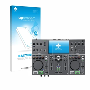 Parte frontal de un envase de producto con el logotipo de la marca upscreen. Al lado se muestra el dispositivo Denon DJ Prime 