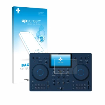 Parte frontal de un envase de producto con el logotipo de la marca upscreen. Al lado se muestra el dispositivo AlphaTheta OMNI