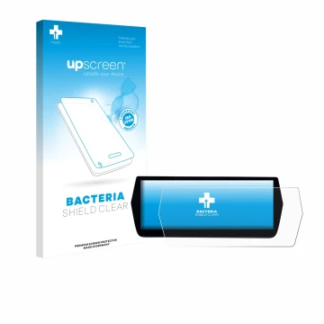 Parte frontal de un envase de producto con el logotipo de la marca upscreen. Al lado se muestra el dispositivo MG ZS Hybrid+ c