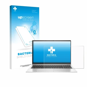 Parte frontal de un envase de producto con el logotipo de la marca upscreen. Al lado se muestra el dispositivo HP EliteBook 85