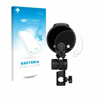Parte frontal de un envase de producto con el logotipo de la marca upscreen. Al lado se muestra el dispositivo Profoto A2 con 