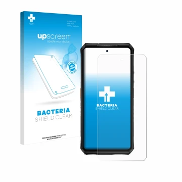 Parte frontal de un envase de producto con el logotipo de la marca upscreen. Al lado se muestra el dispositivo Ulefone Armor 2