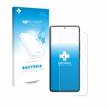 Parte frontal de un envase de producto con el logotipo de la marca upscreen. Al lado se muestra el dispositivo Xiaomi Poco F7 