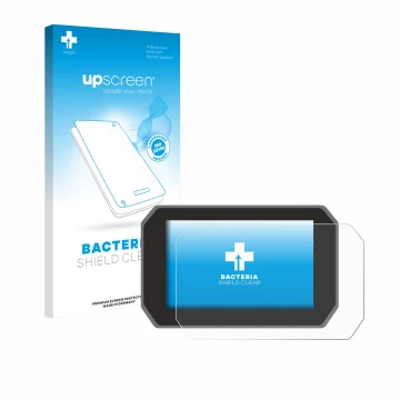 Parte frontal de un envase de producto con el logotipo de la marca upscreen. Al lado se muestra el dispositivo Yamaha Tracer 9