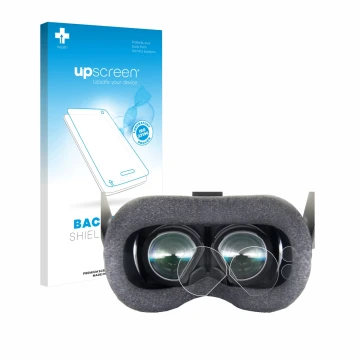 Parte frontal de un envase de producto con el logotipo de la marca upscreen. Al lado se muestra el dispositivo Valve Index VR-
