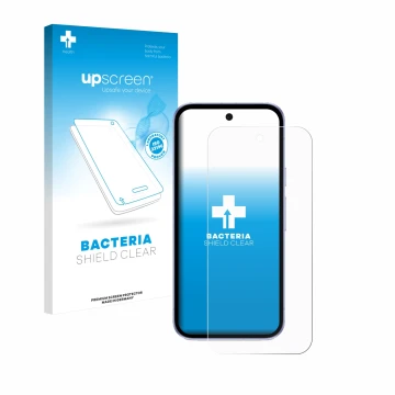 Parte frontal de un envase de producto con el logotipo de la marca upscreen. Al lado se muestra el dispositivo Google Pixel 9a