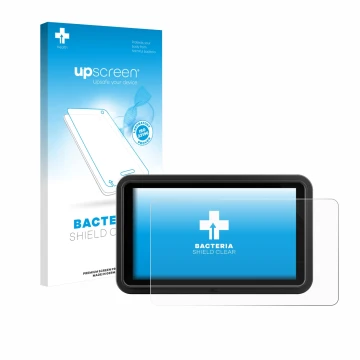 Parte frontal de un envase de producto con el logotipo de la marca upscreen. Al lado se muestra el dispositivo Atomos Shinobi 
