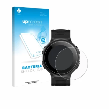 Parte frontal de un envase de producto con el logotipo de la marca upscreen. Al lado se muestra el dispositivo Kiprun GPS 500 