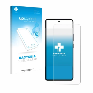 Parte frontal de un envase de producto con el logotipo de la marca upscreen. Al lado se muestra el dispositivo realme 14T con 