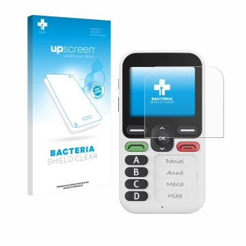 Parte frontal de un envase de producto con el logotipo de la marca upscreen. Al lado se muestra el dispositivo Doro Leva X10 c