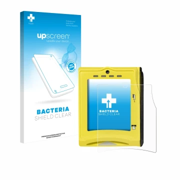 Parte frontal de un envase de producto con el logotipo de la marca upscreen. Al lado se muestra el dispositivo Nayax VPOS TOUC