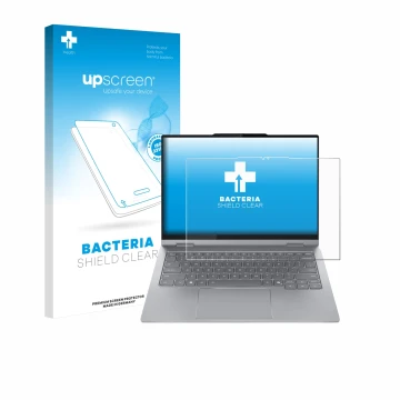 Parte frontal de un envase de producto con el logotipo de la marca upscreen. Al lado se muestra el dispositivo Lenovo ThinkBoo