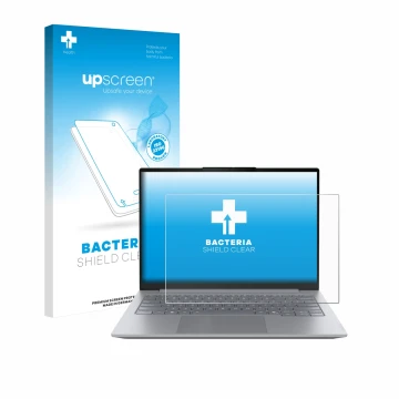 Parte frontal de un envase de producto con el logotipo de la marca upscreen. Al lado se muestra el dispositivo Lenovo ThinkBoo