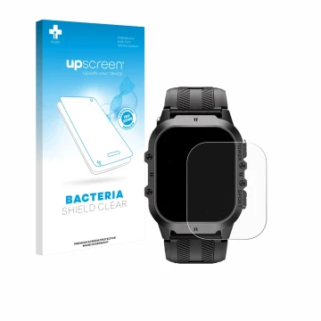 Parte frontal de un envase de producto con el logotipo de la marca upscreen. Al lado se muestra el dispositivo Oukitel BT20 1.