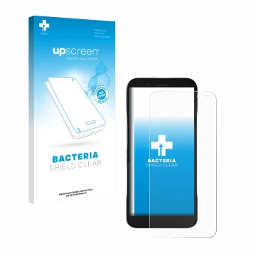 Parte frontal de un envase de producto con el logotipo de la marca upscreen. Al lado se muestra el dispositivo Datalogic Memor