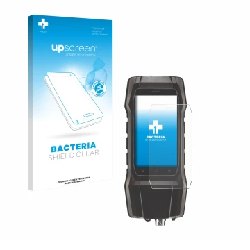 Parte frontal de un envase de producto con el logotipo de la marca upscreen. Al lado se muestra el dispositivo Testo 300 con s