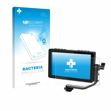 Parte frontal de un envase de producto con el logotipo de la marca upscreen. Al lado se muestra el dispositivo Feelworld F5 PR
