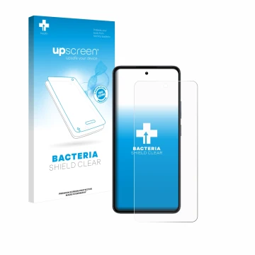 Parte frontal de un envase de producto con el logotipo de la marca upscreen. Al lado se muestra el dispositivo realme 14 con s