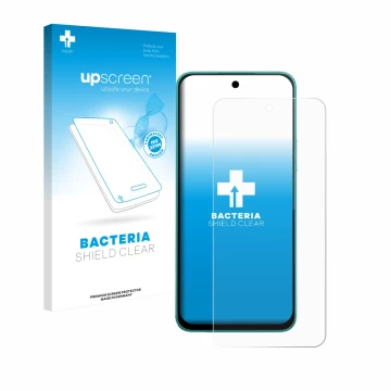 Parte frontal de un envase de producto con el logotipo de la marca upscreen. Al lado se muestra el dispositivo Infinix Note 50