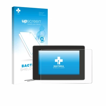 Parte frontal de un envase de producto con el logotipo de la marca upscreen. Al lado se muestra el dispositivo Tesla Model Y J