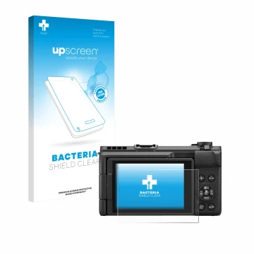 Parte frontal de un envase de producto con el logotipo de la marca upscreen. Al lado se muestra el dispositivo Canon PowerShot