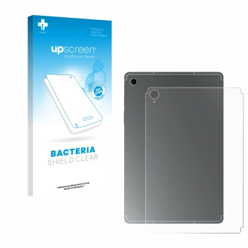 Parte frontal de un envase de producto con el logotipo de la marca upscreen. Al lado se muestra el dispositivo Samsung Galaxy 