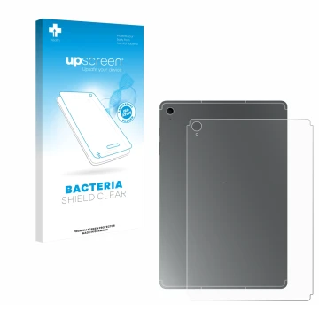 Parte frontal de un envase de producto con el logotipo de la marca upscreen. Al lado se muestra el dispositivo Samsung Galaxy 