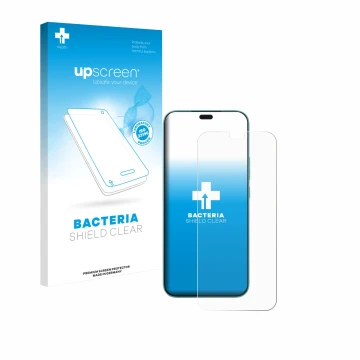 Parte frontal de un envase de producto con el logotipo de la marca upscreen. Al lado se muestra el dispositivo Honor 400 Lite 
