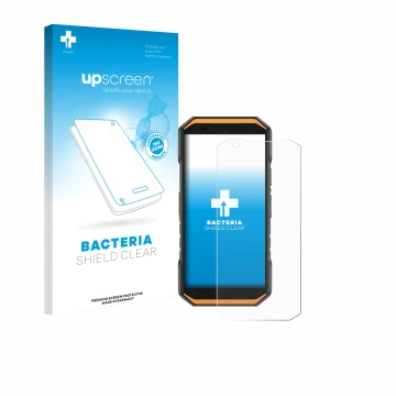 Parte frontal de un envase de producto con el logotipo de la marca upscreen. Al lado se muestra el dispositivo Ulefone Armor X