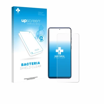 Parte frontal de un envase de producto con el logotipo de la marca upscreen. Al lado se muestra el dispositivo Motorola Moto G